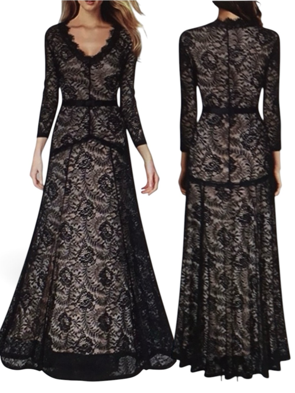 Whimsigoth Sheer Floral Lace V-Neck Long Black Evening Gown XL Romance Miusol